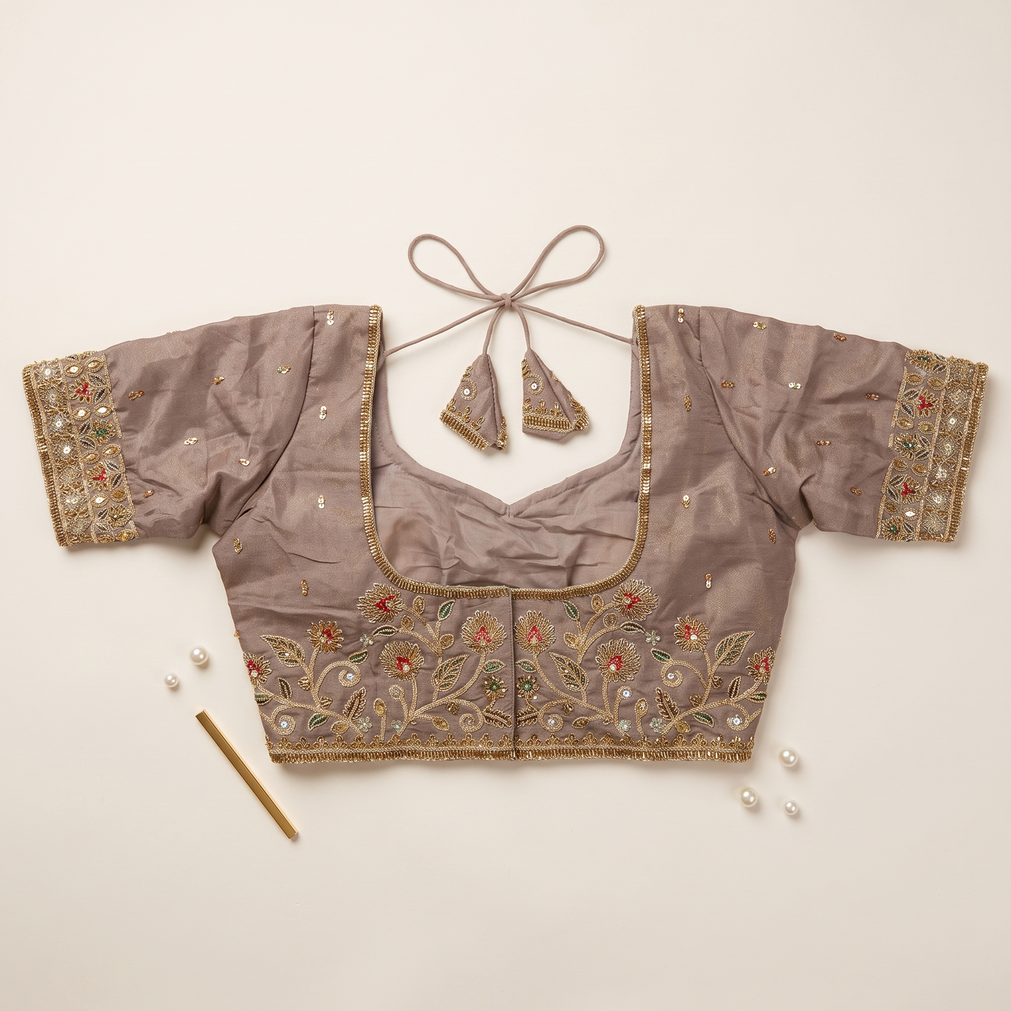 Multicolor Botanical Threadwork & Zari Embroidered Lehenga Blouse in Ash Taupe