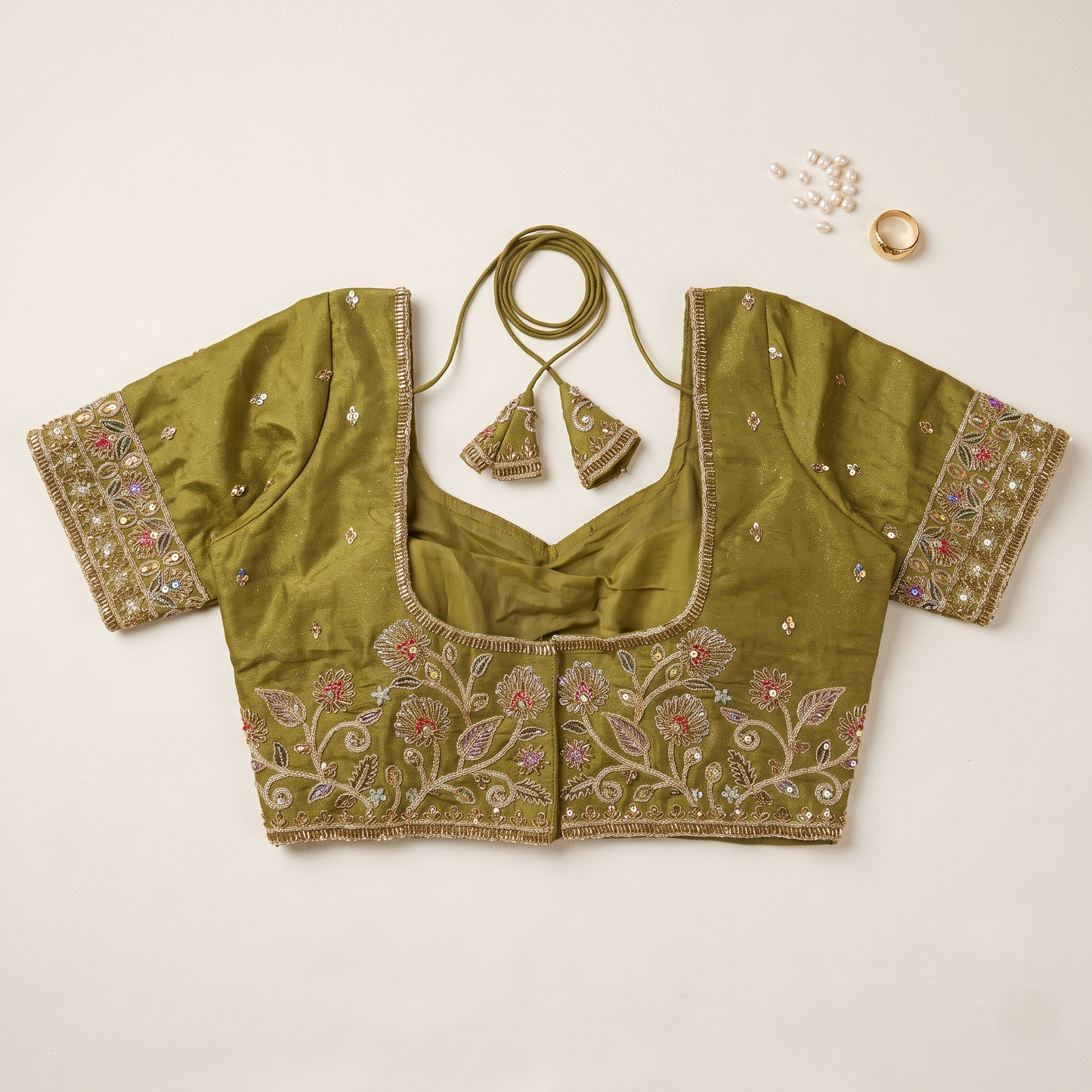 Multicolor Botanical Threadwork & Zari Embroidered Lehenga Blouse in Green Taupe
