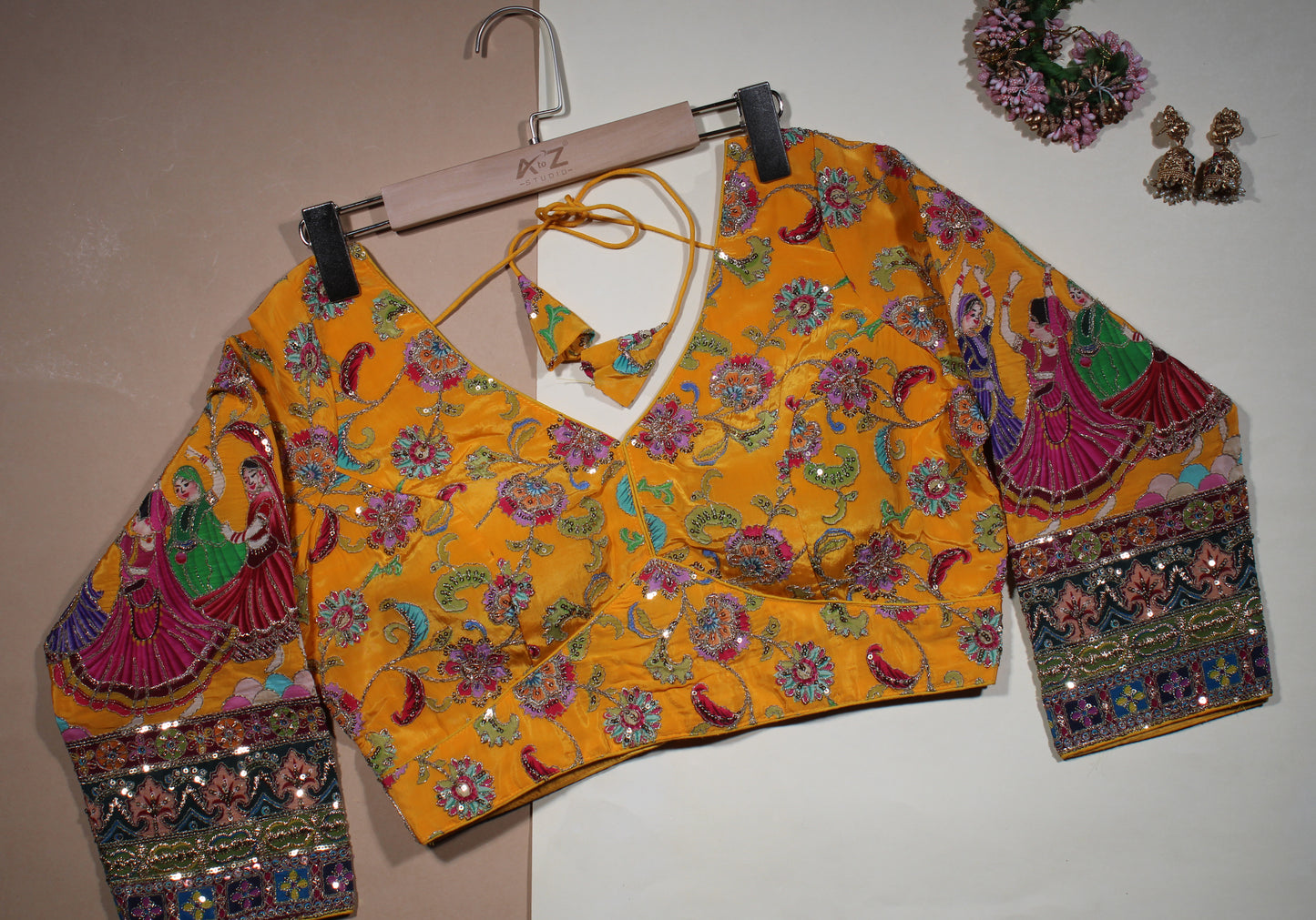 Mustard Yellow Silk Saree Blouse with Traditional Garba Dancer Embroidered Sleeves