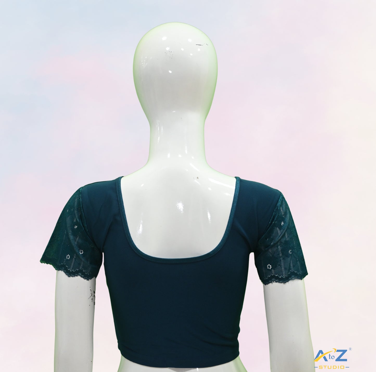 Peacock Blue Polyester Lycra Net Short Sleeves