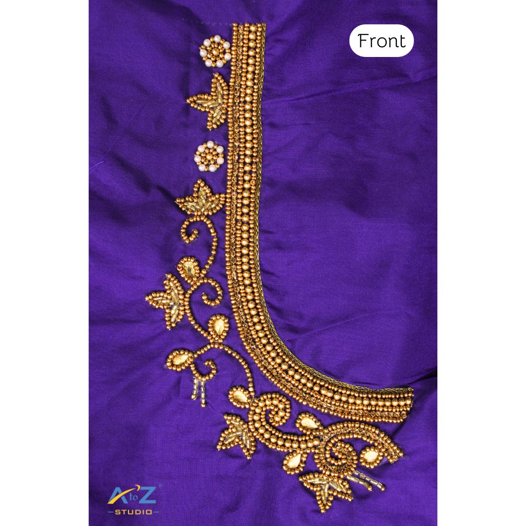 Royal Blue Silk Blouse Piece With Aari Work
