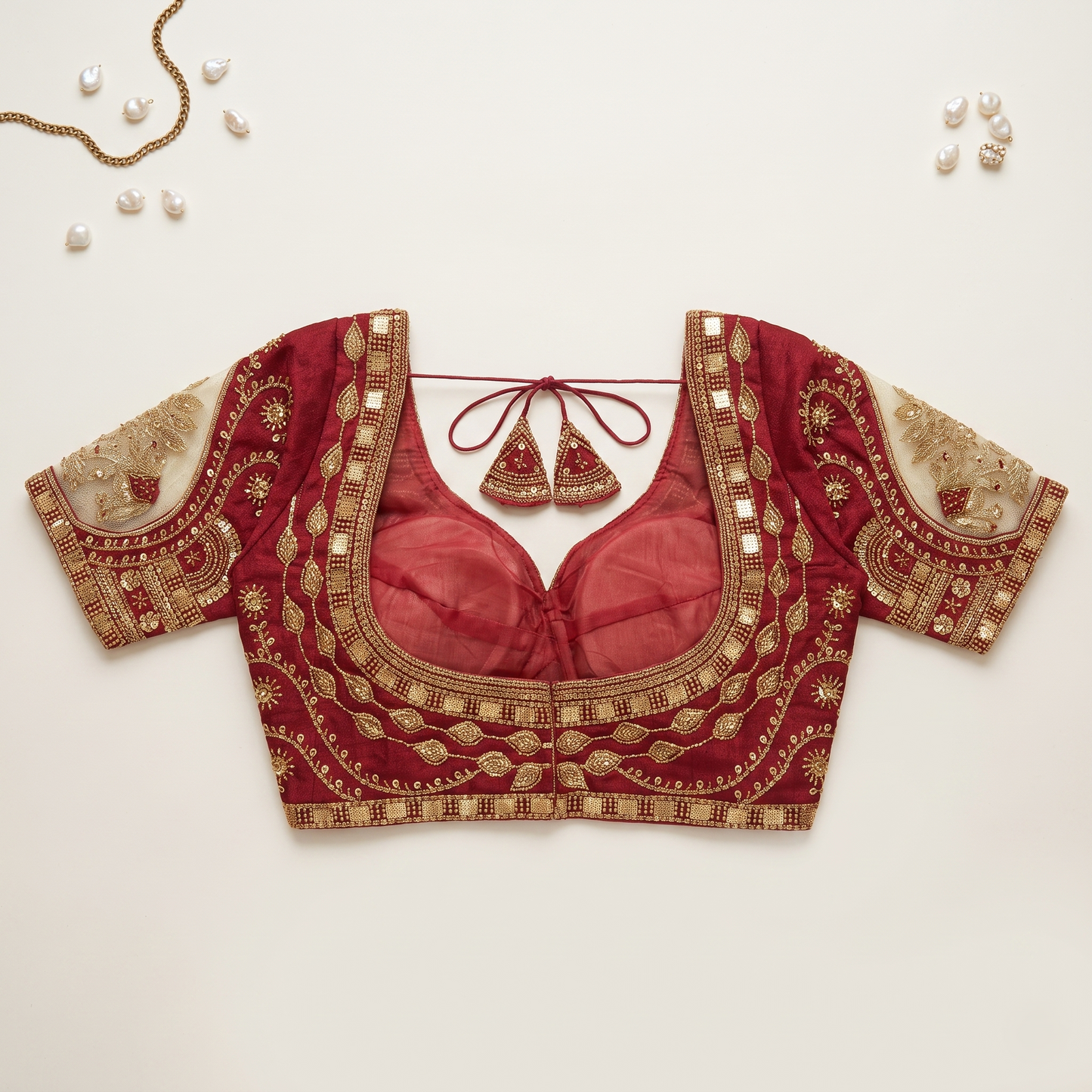 Maroon Hand-Embroidered Zari & Sequin Bridal Blouse with Sheer Net Sleeves
