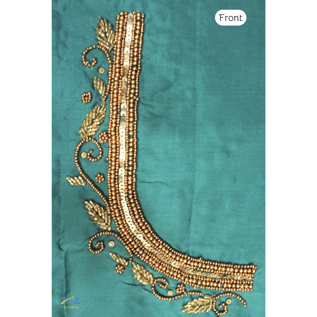 Sea Green Silk Blouse Piece With Aari Work (Gold Work)