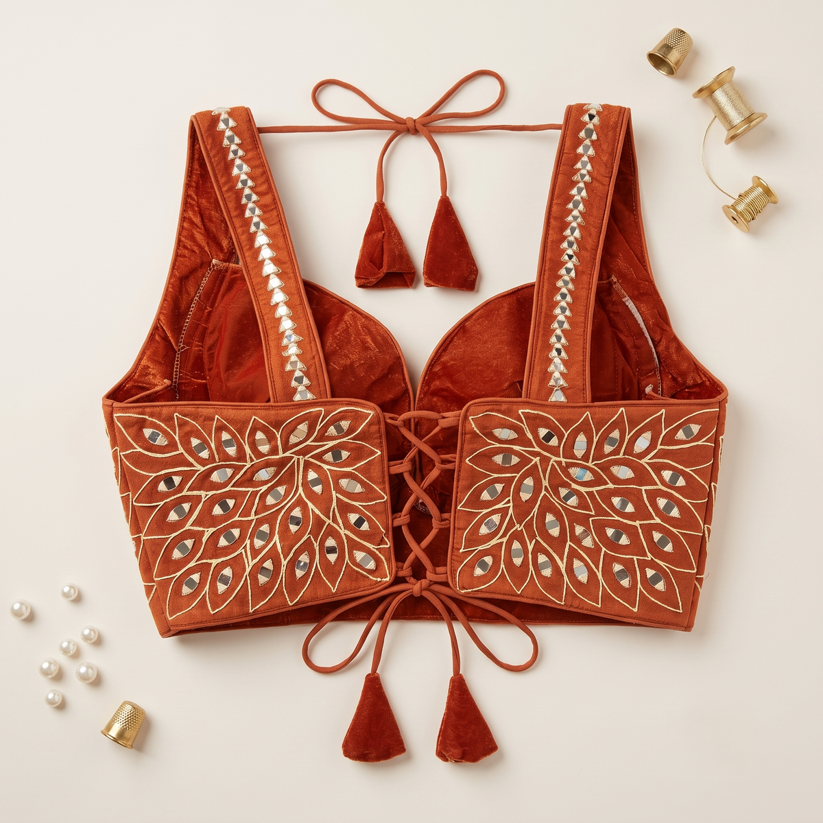 Rust Mirror Work Broad Strap Crop Top Blouse for Lehenga & Saree