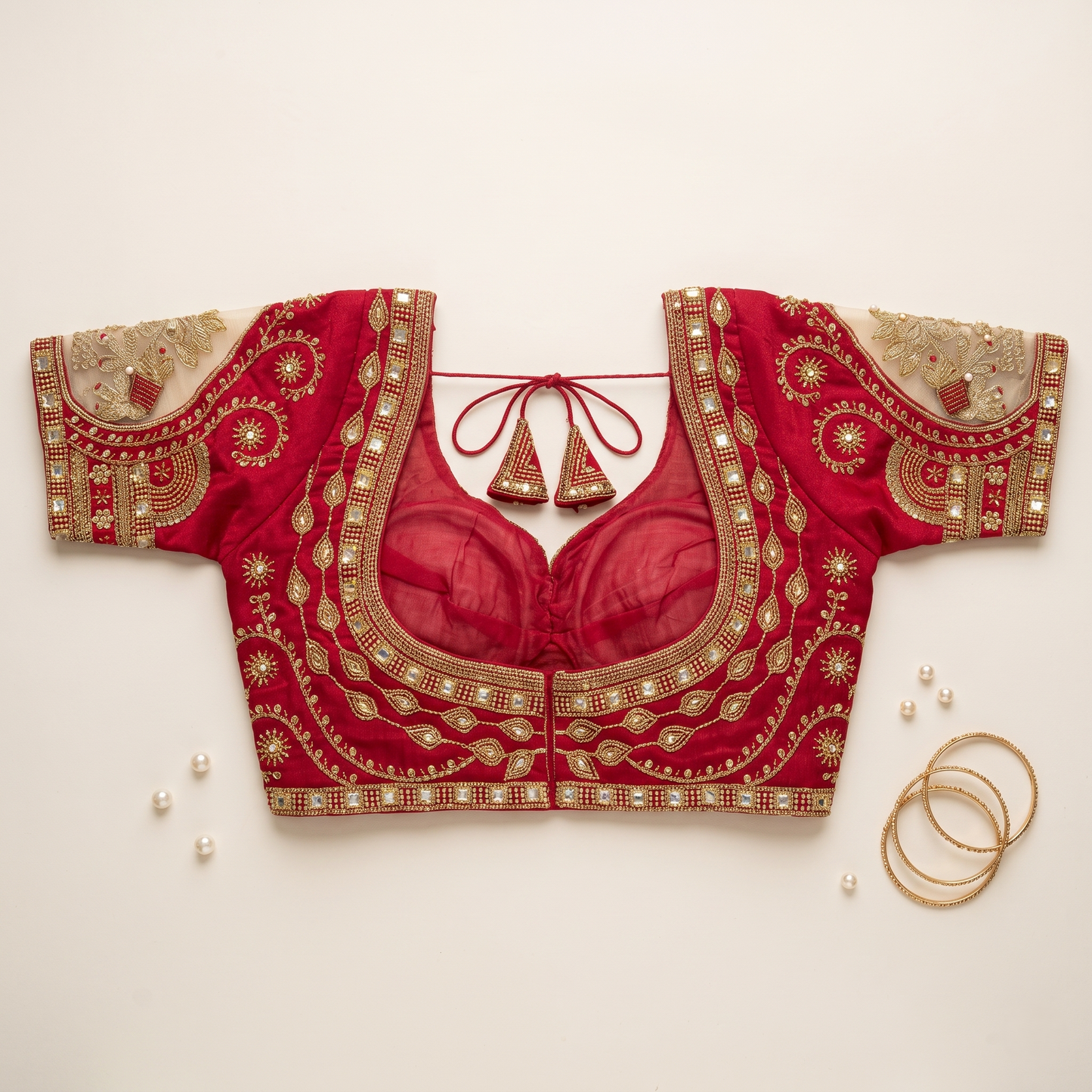 Rani Hand-Embroidered Zari & Sequin Bridal Blouse with Sheer Net Sleeves