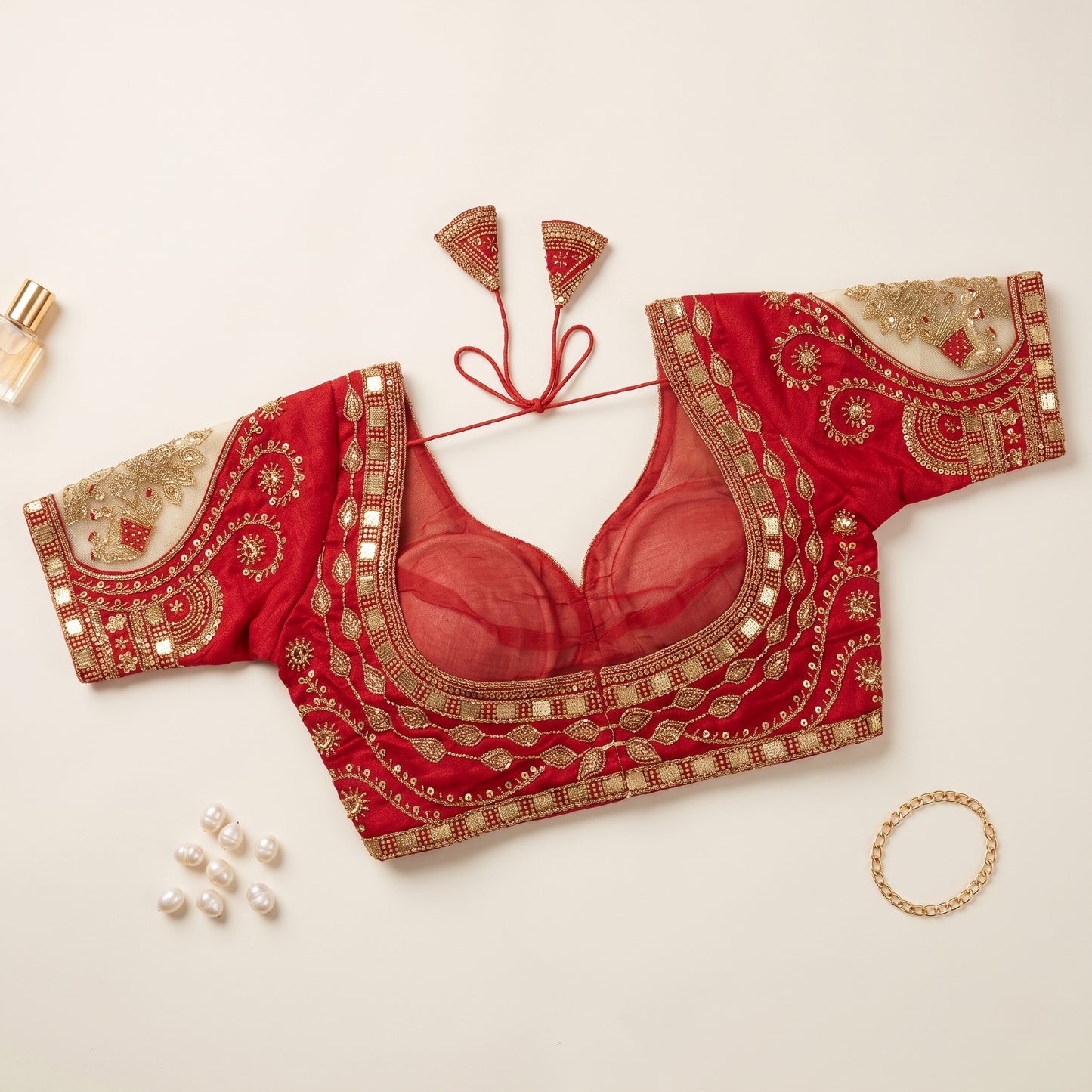 Red Hand-Embroidered Zari & Sequin Bridal Blouse with Sheer Net Sleeves