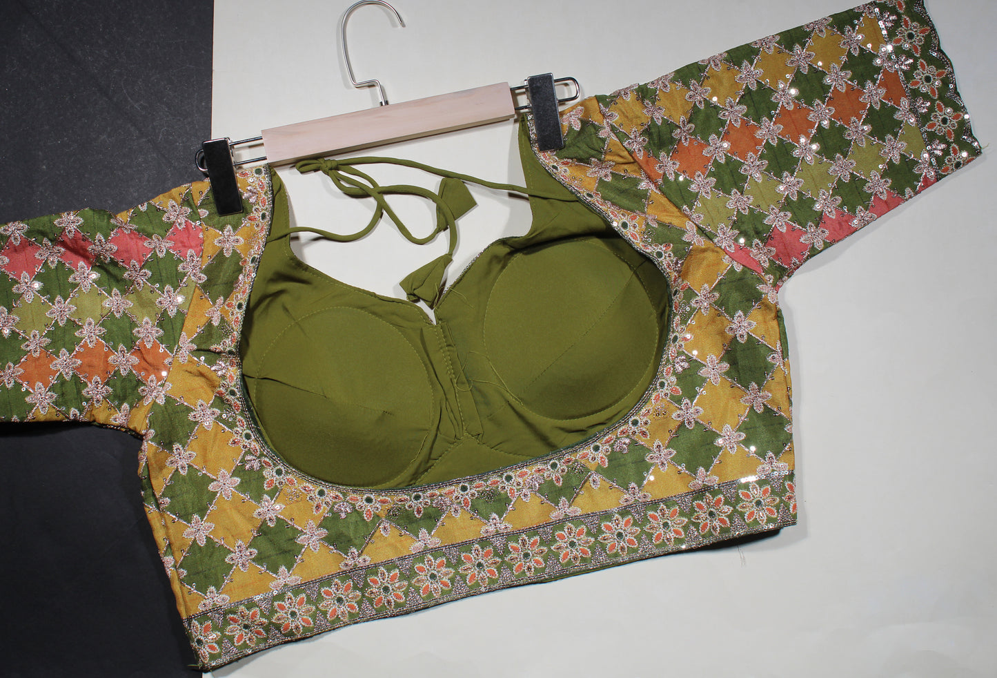 Green and Mustard Patchwork Embroidered Blouse