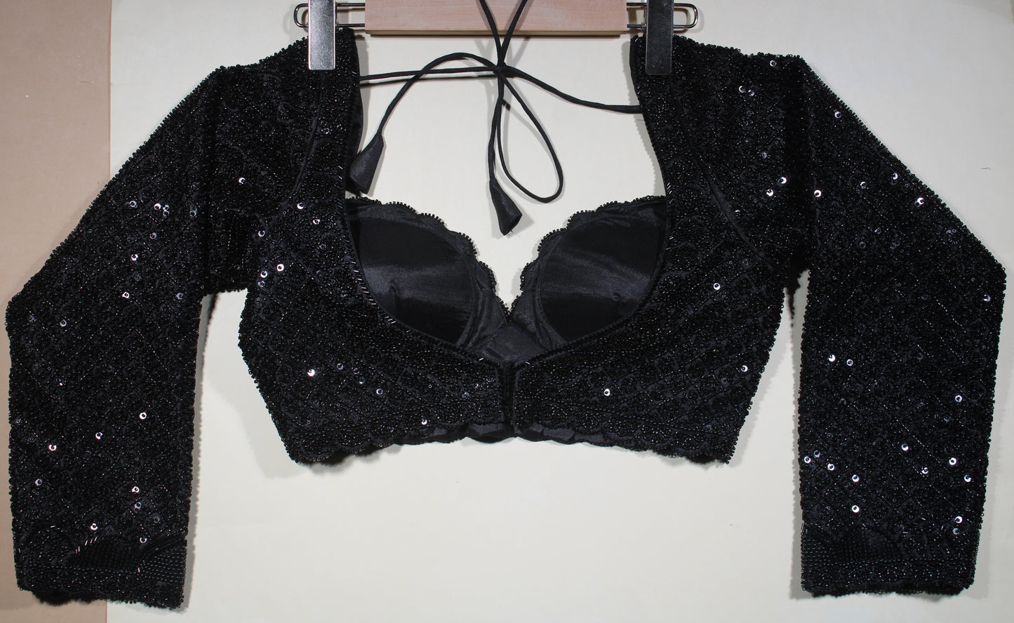 Black Pastel Embroidered Blouse with Premium Glass Bead Detailing