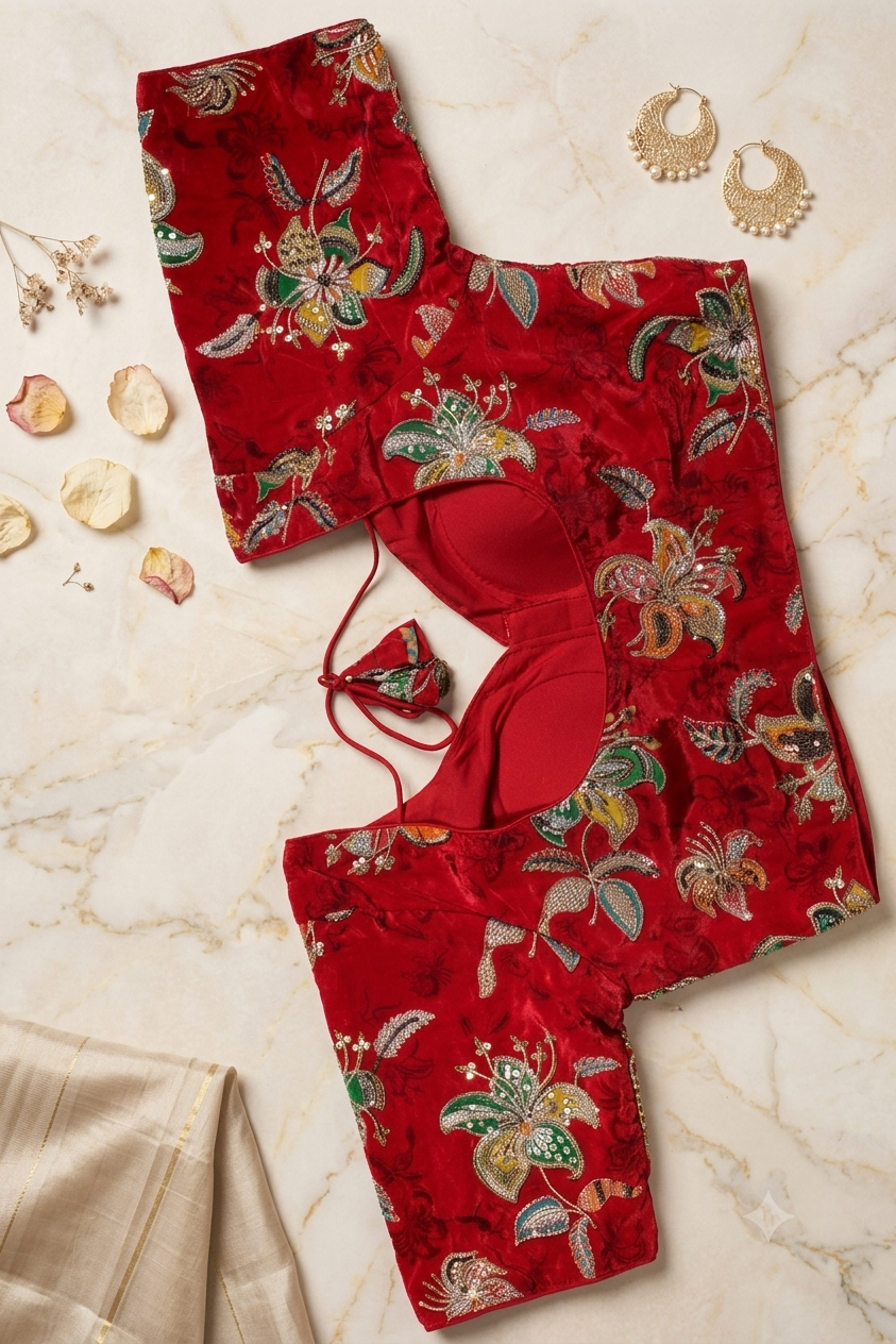 Red Velvet Floral Zardozi Blouse with Tassels