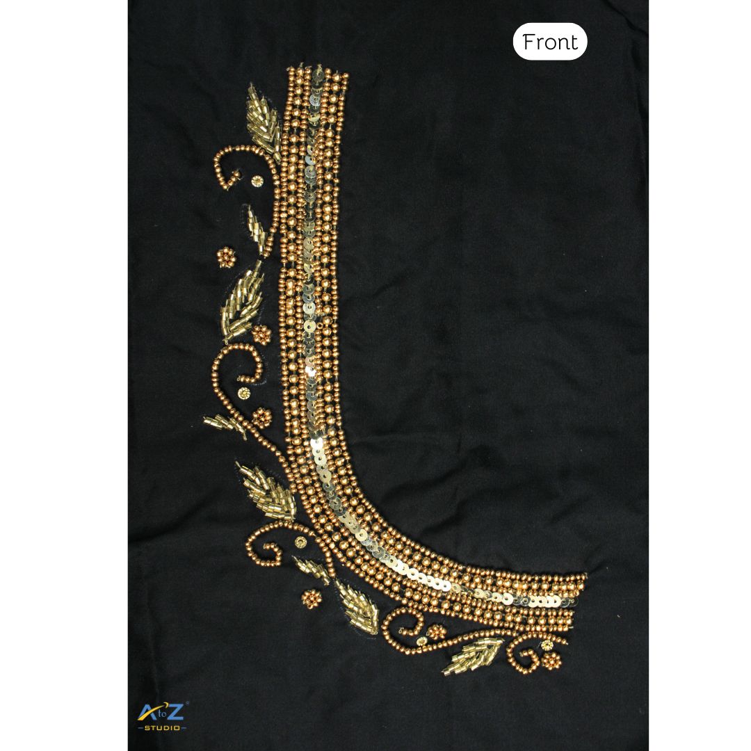 Black Silk Blouse Piece With Aari Work (Gold Work)