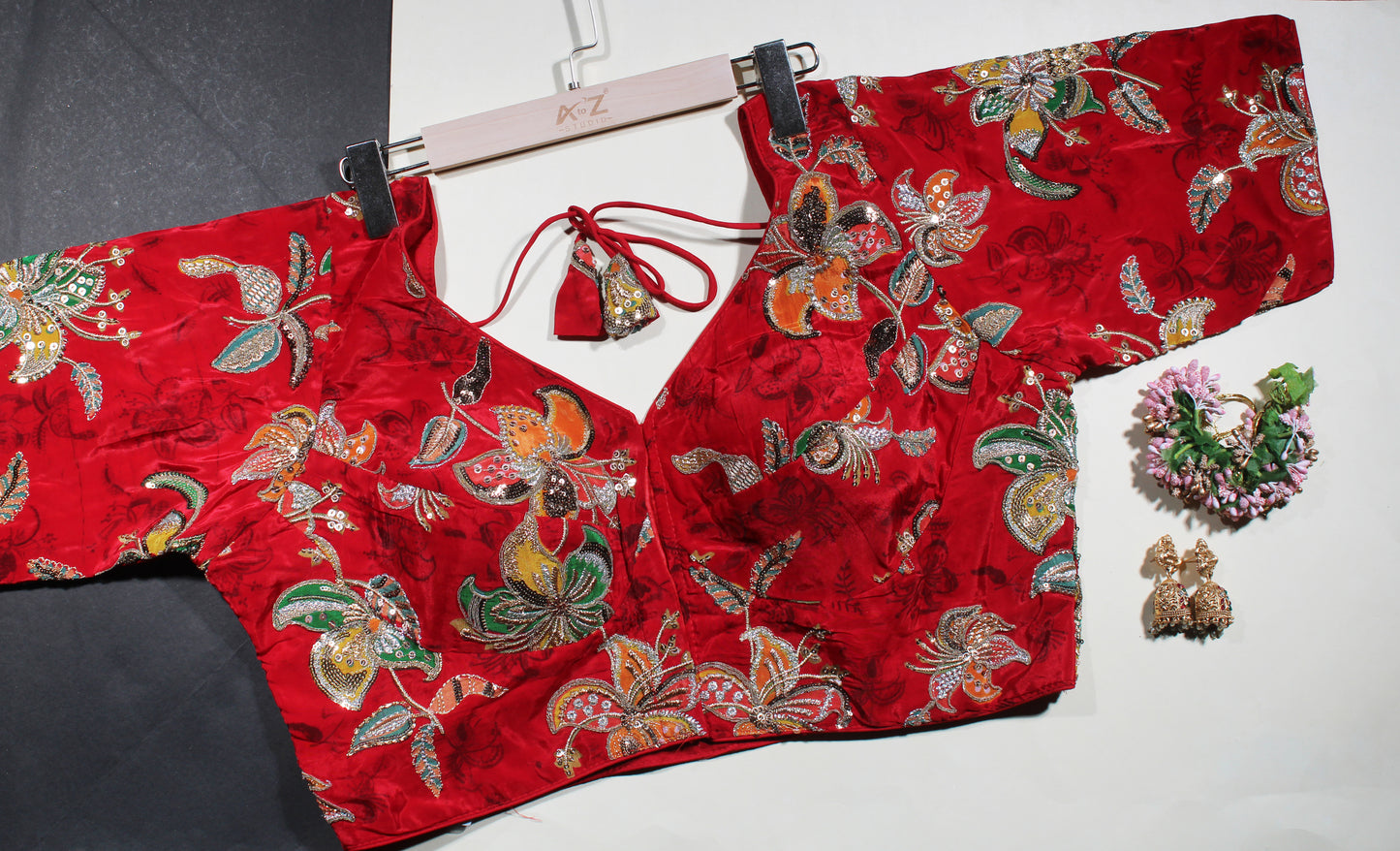 Red Velvet Floral Zardozi Blouse with Tassels