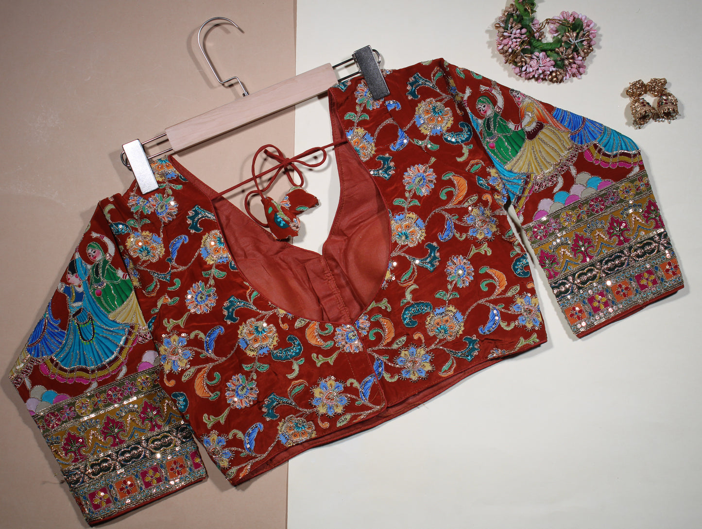 Maroon Blouse with Intricate Folk Dancer Sleeves & Floral Sequin Embroidery