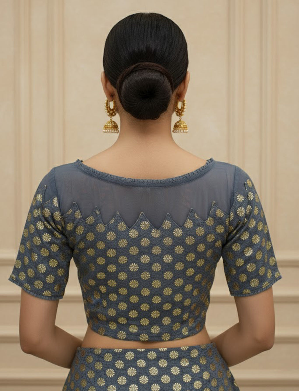 Grey Crush Blouse with Golden Flower & Net