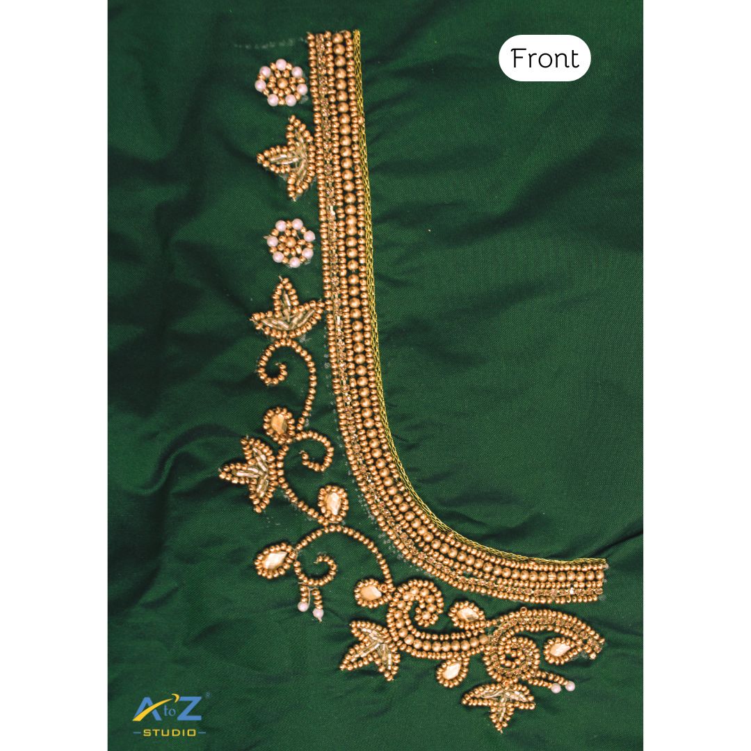 Dark Forest Green Silk Blouse Piece With Aari Work