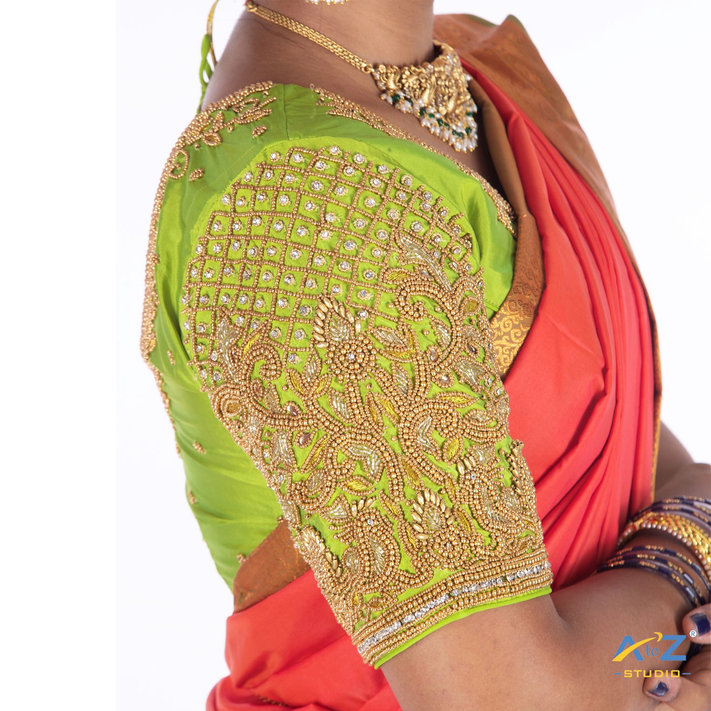 Parrot Green Silk Cloth Blouse with Small Peacock and square chain Design