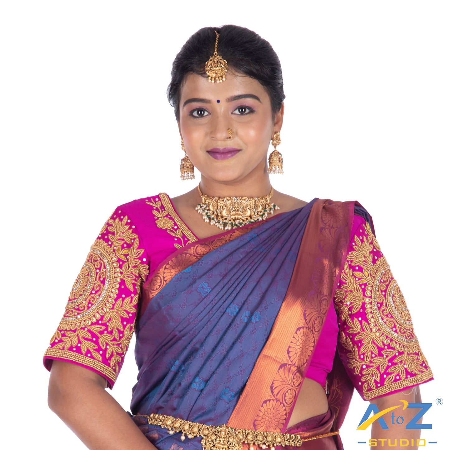Fuchsia Silk Blouse with Circle and kundan work Design