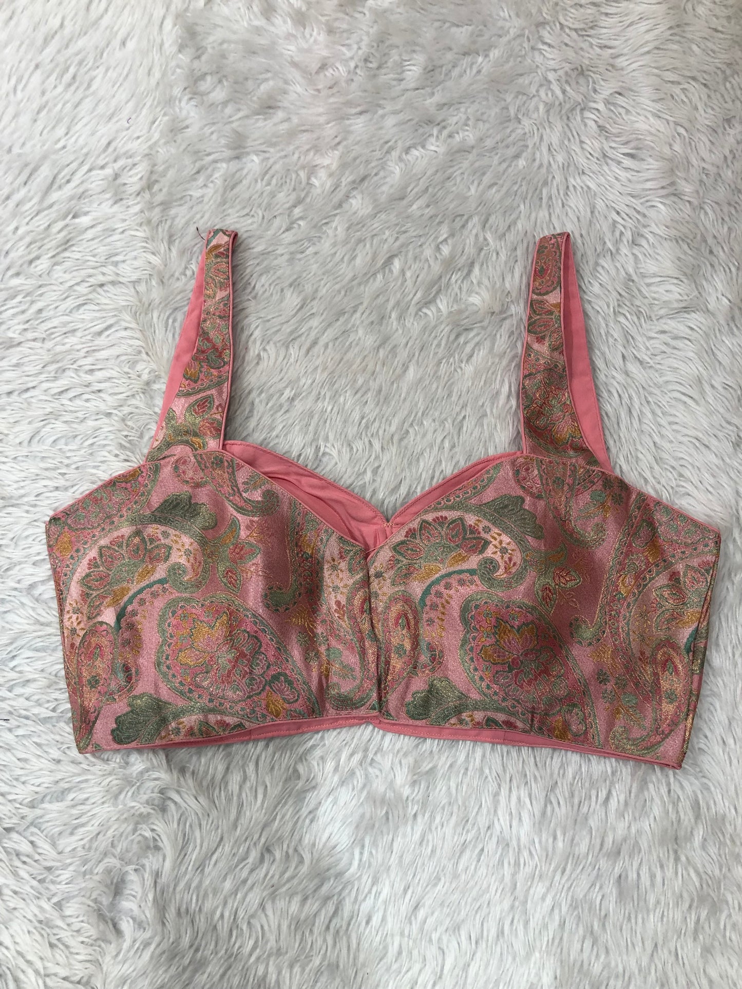 Baby Pink Floral Paisley Sleeveless Saree Blouse