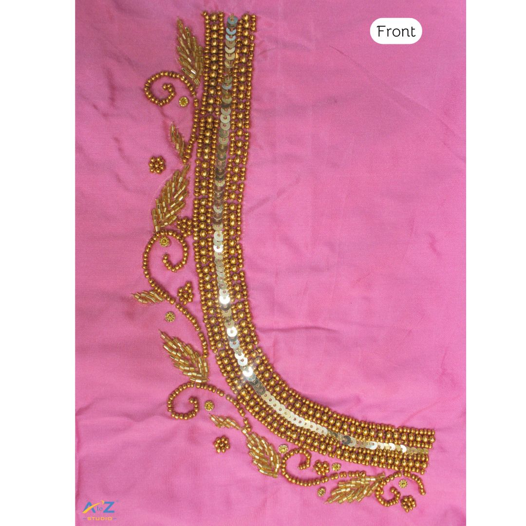 Baby Pink Silk Blouse Piece With Aari Work (Gold Work)