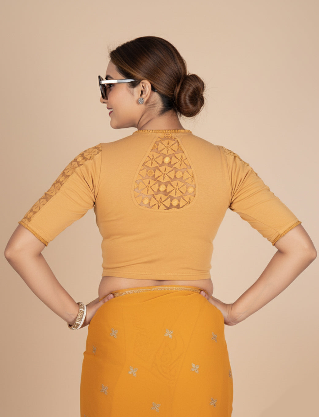 Dark Chiku Cotton Lycra Blouse with Netted Flower Design