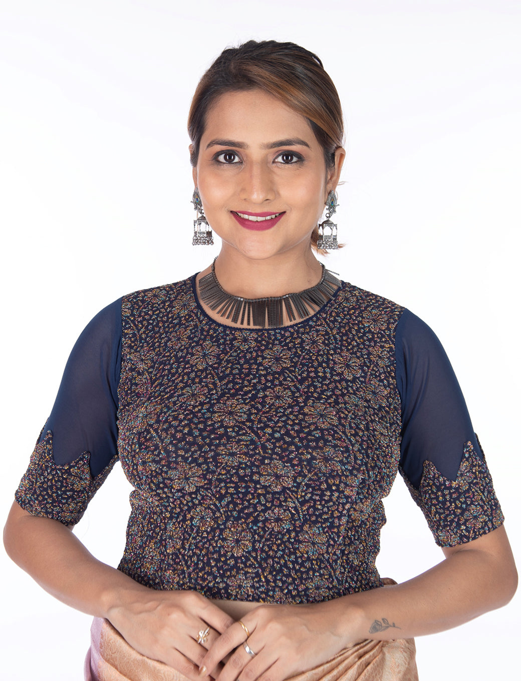 Navy Blue Tissue Lycra Blouse with Multi-Color Jeri Design