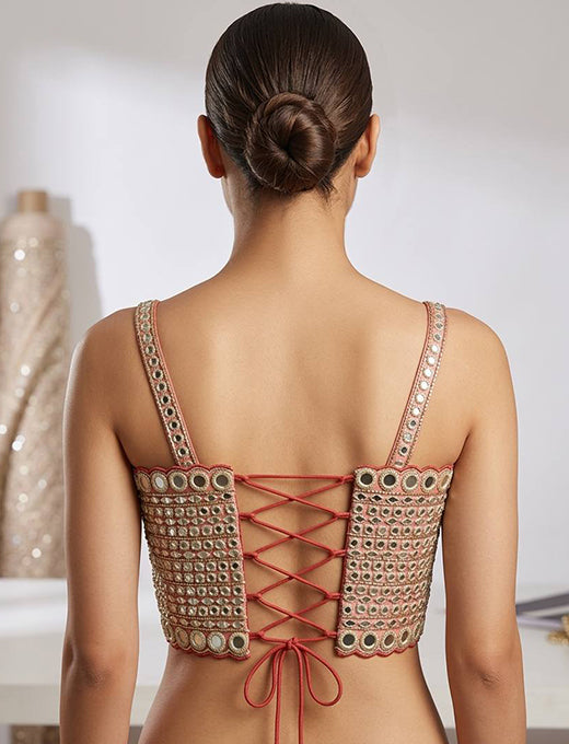 Coral Mirror Work Designer Corset Blouse