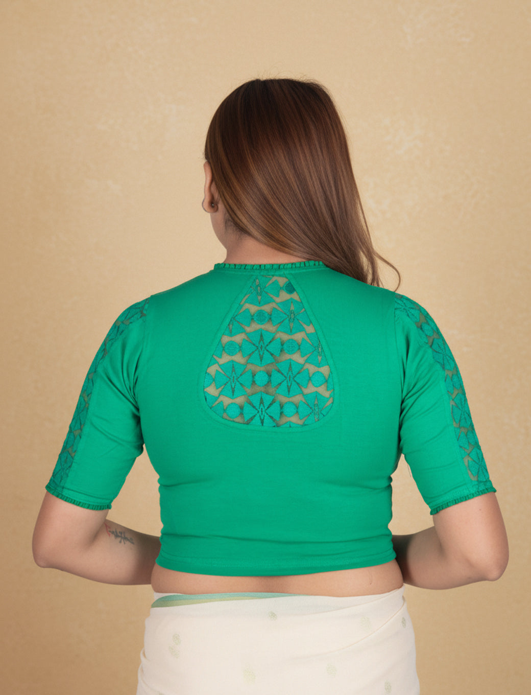 Peacock Green Cotton Lycra Blouse with Netted Flower Design