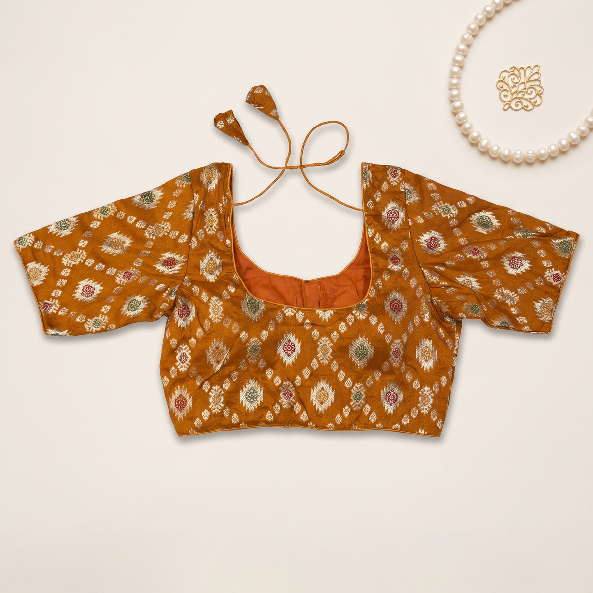 Mustard Banaras Silk Brocade Blouse with Zari Geometric Butta