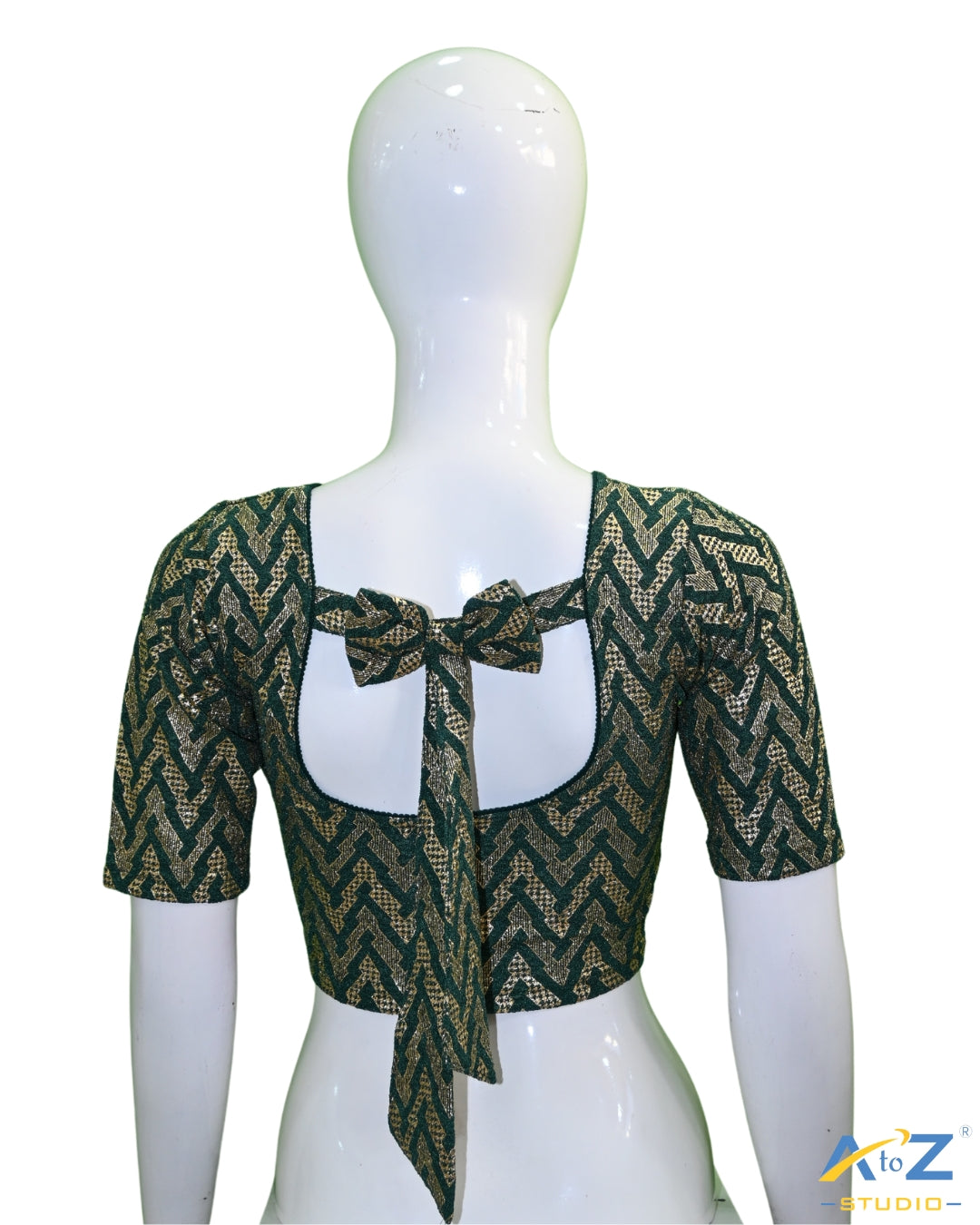 Dark Green Crush Blouse with Zig Zag Golden Print