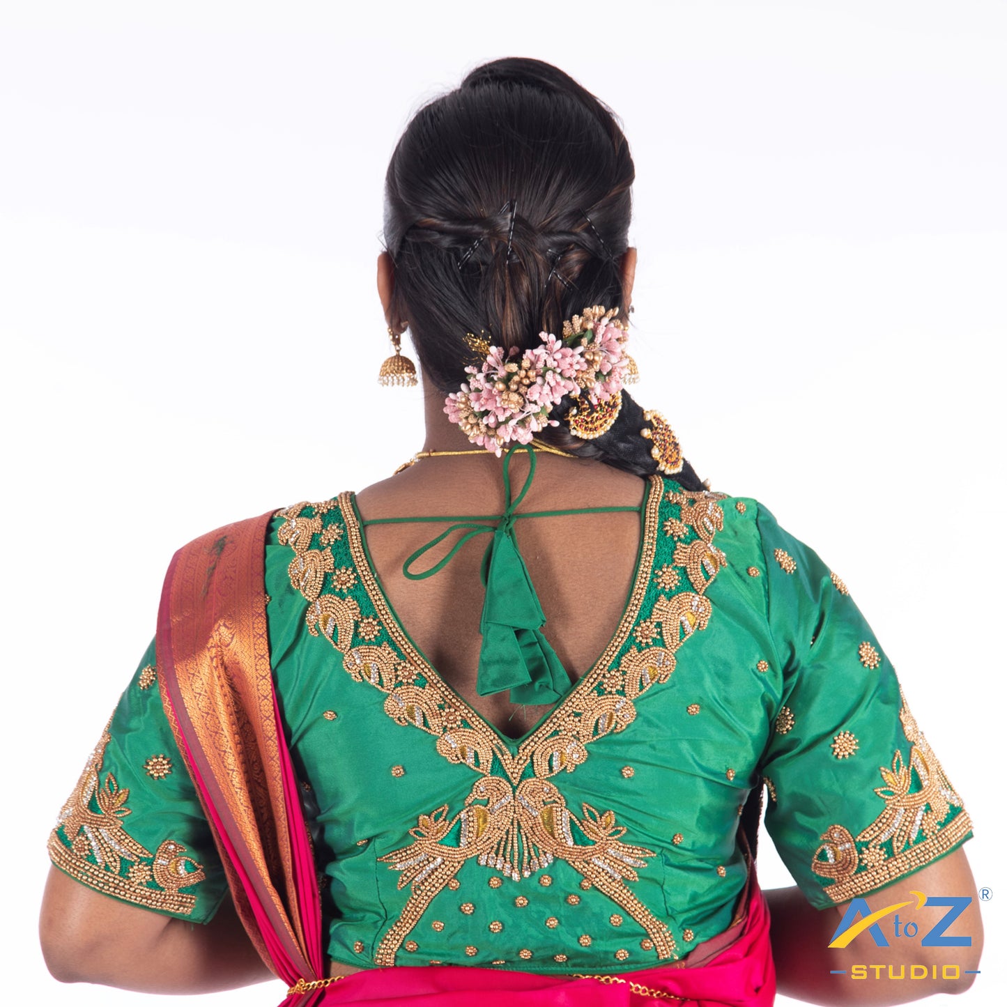 Light Forest Green Silk Cloth Blouse with Double bird at back and sleeves with chain Design