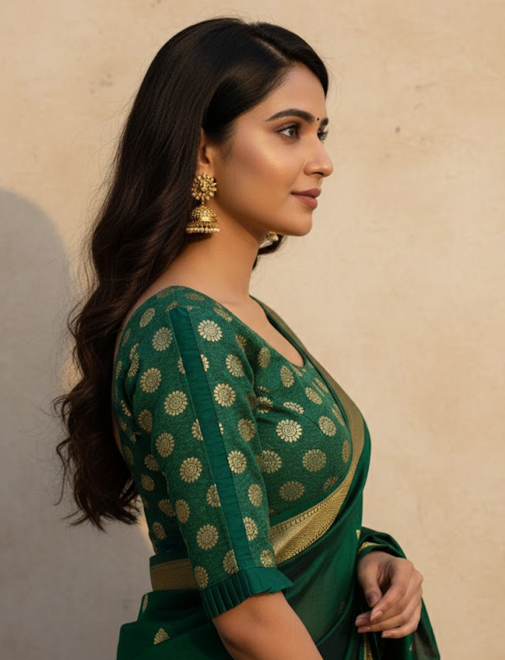 Dark Green Crush Blouse with Golden Sunflower