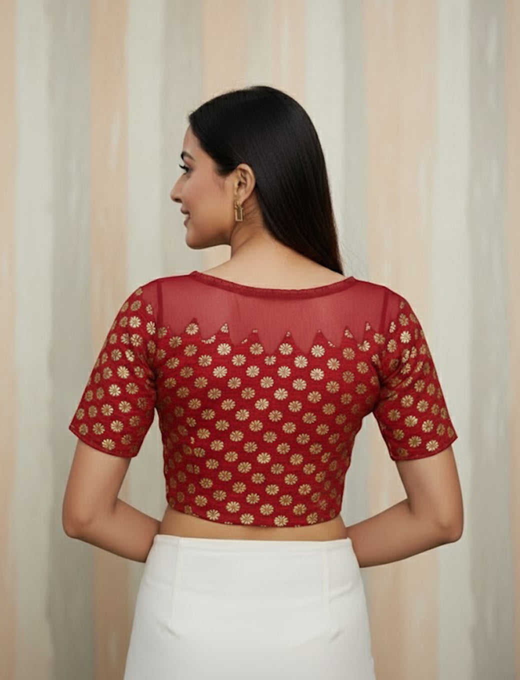 Redish Maroon Crush Blouse with Golden Flower & Net