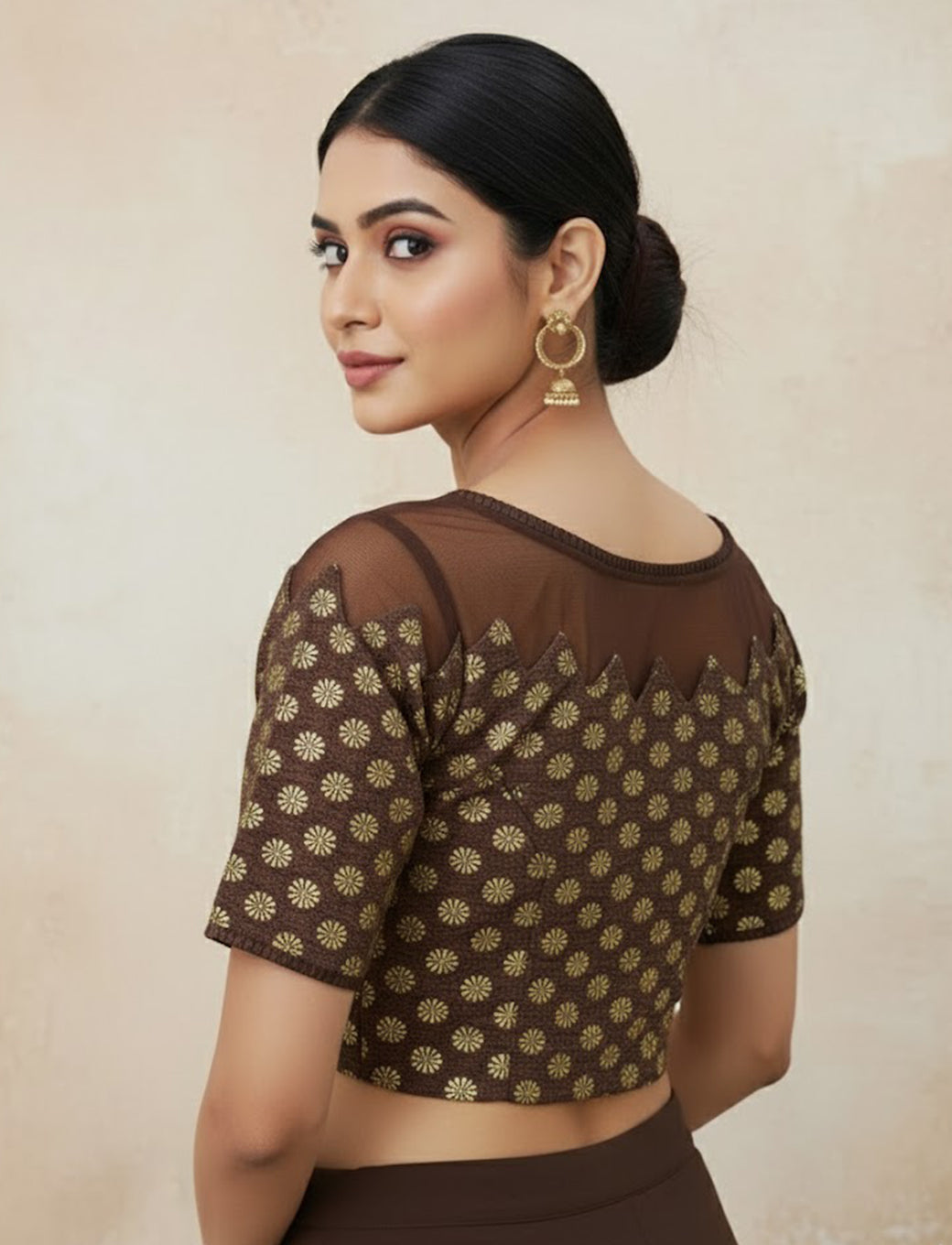 Coffee Crush Blouse with Golden Flower & Net