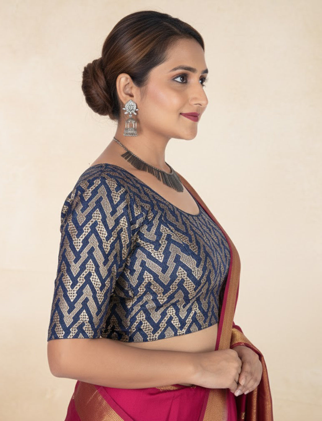 Navy Blue Crush Blouse with Zig Zag Golden Print