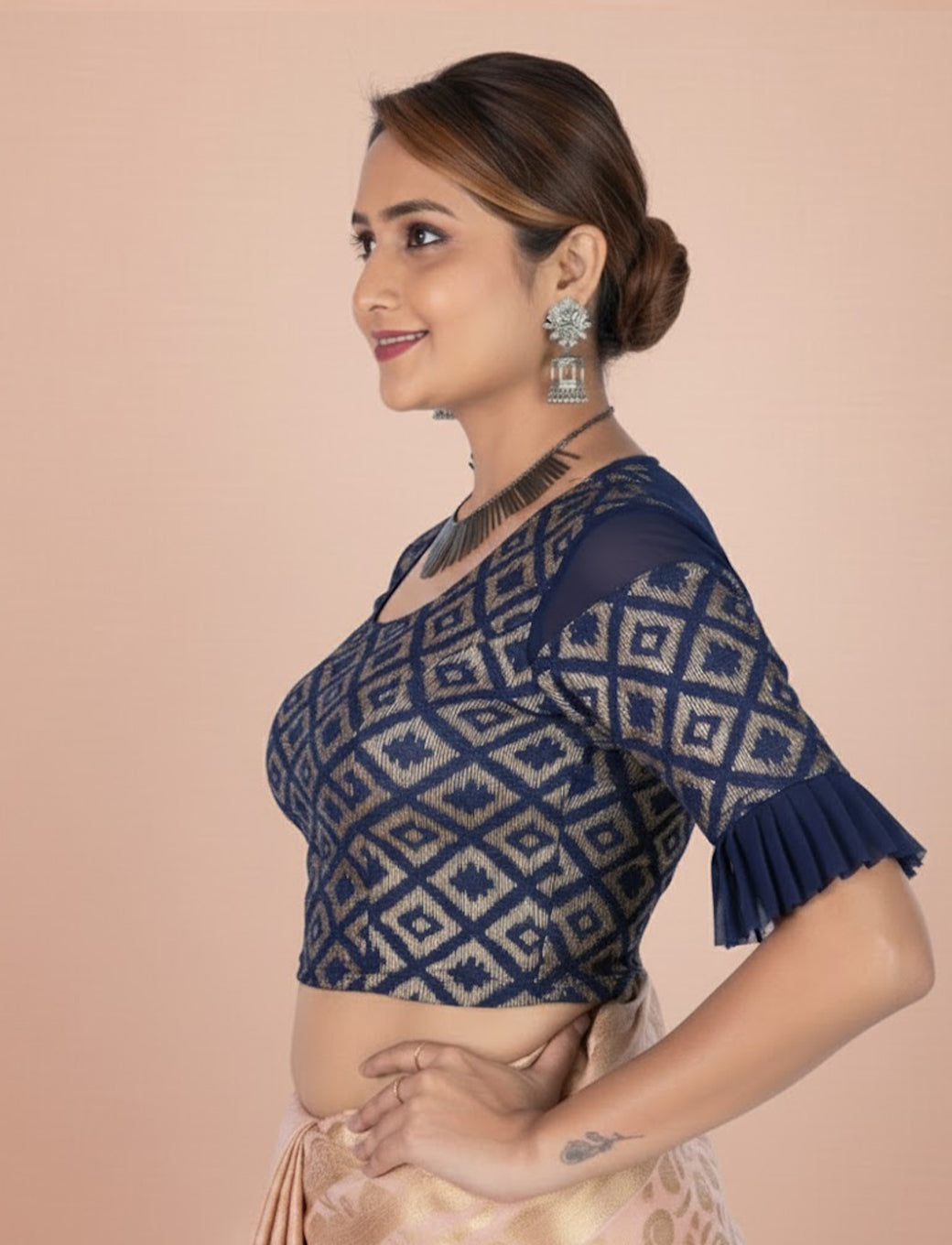 Navy Blue Zarjet Blouse with Golden Diamond Print