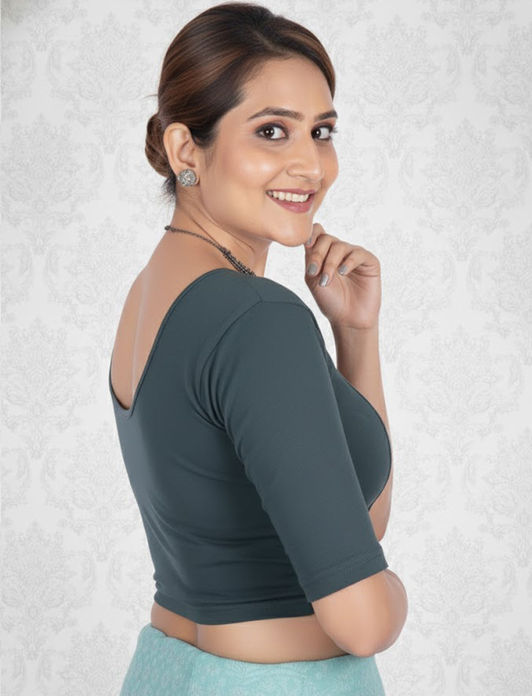 Grey Cotton Lycra Blouse - Plain