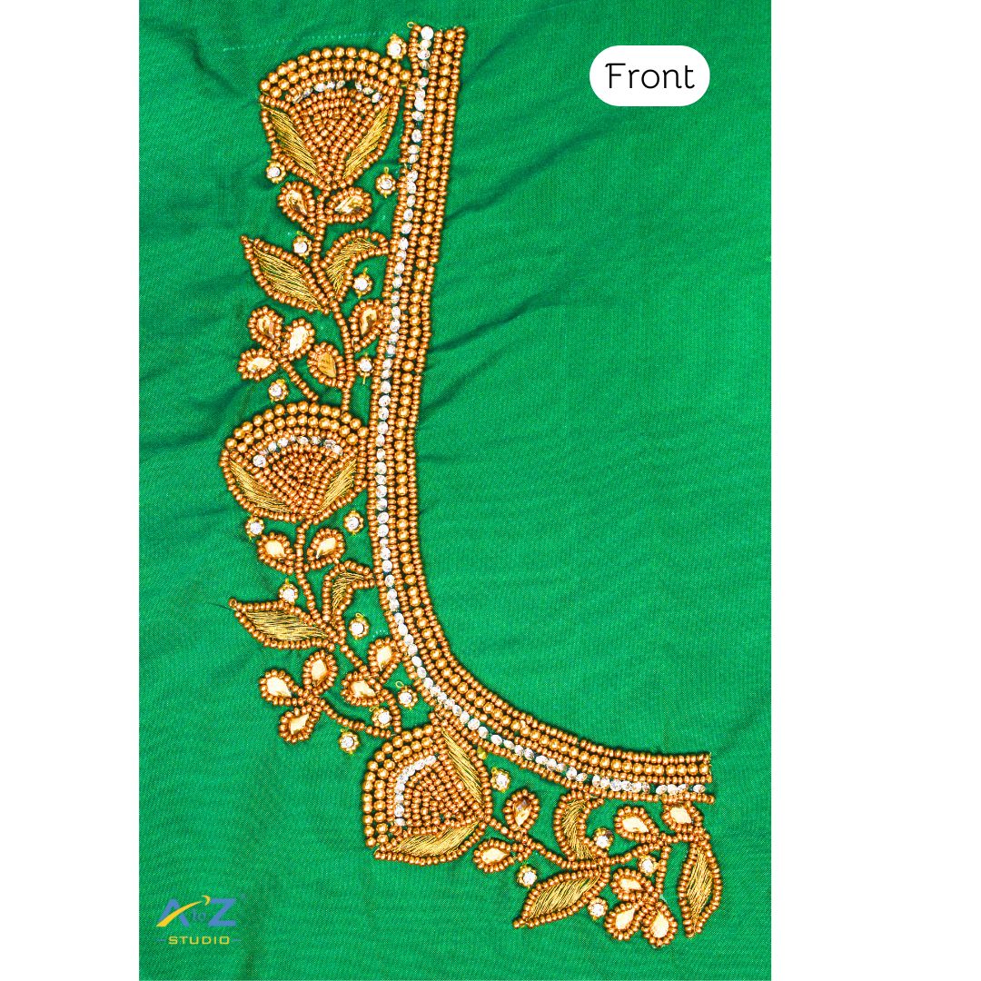 Crocodile Green Silk Blouse Piece With Aari Work