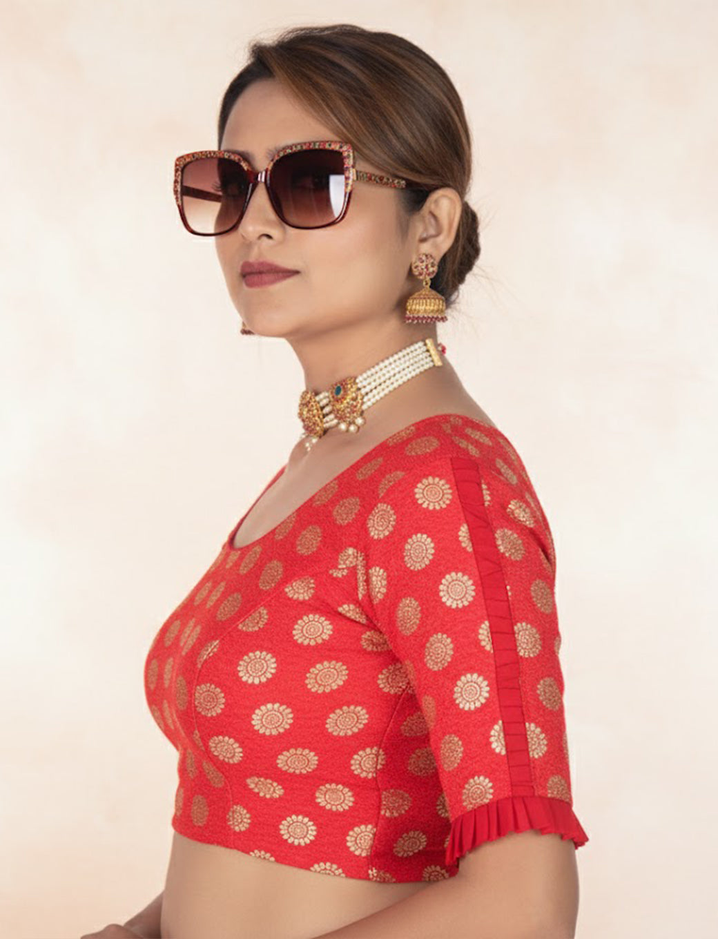 Red Crush Blouse with Golden Sunflower