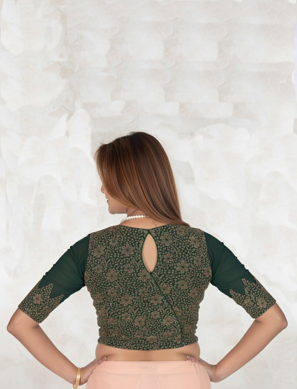 Dark Green Tissue Lycra Blouse with Multi-Color Jeri Design