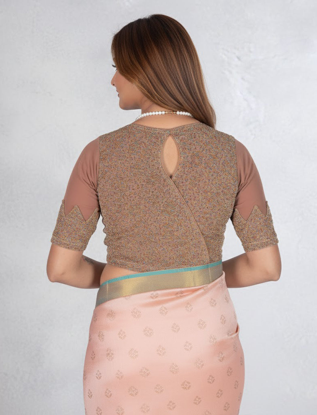 Dark Chiku Tissue Lycra Blouse with Multi-Color Jeri Design