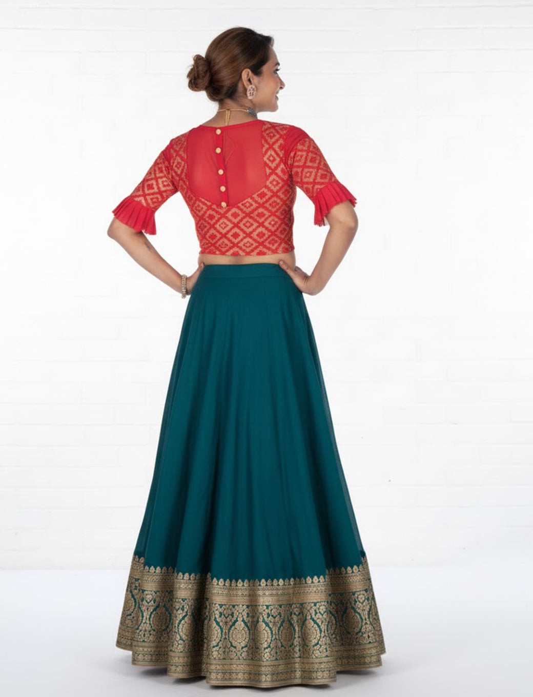 Red Zarjet Blouse with Golden Diamond Print