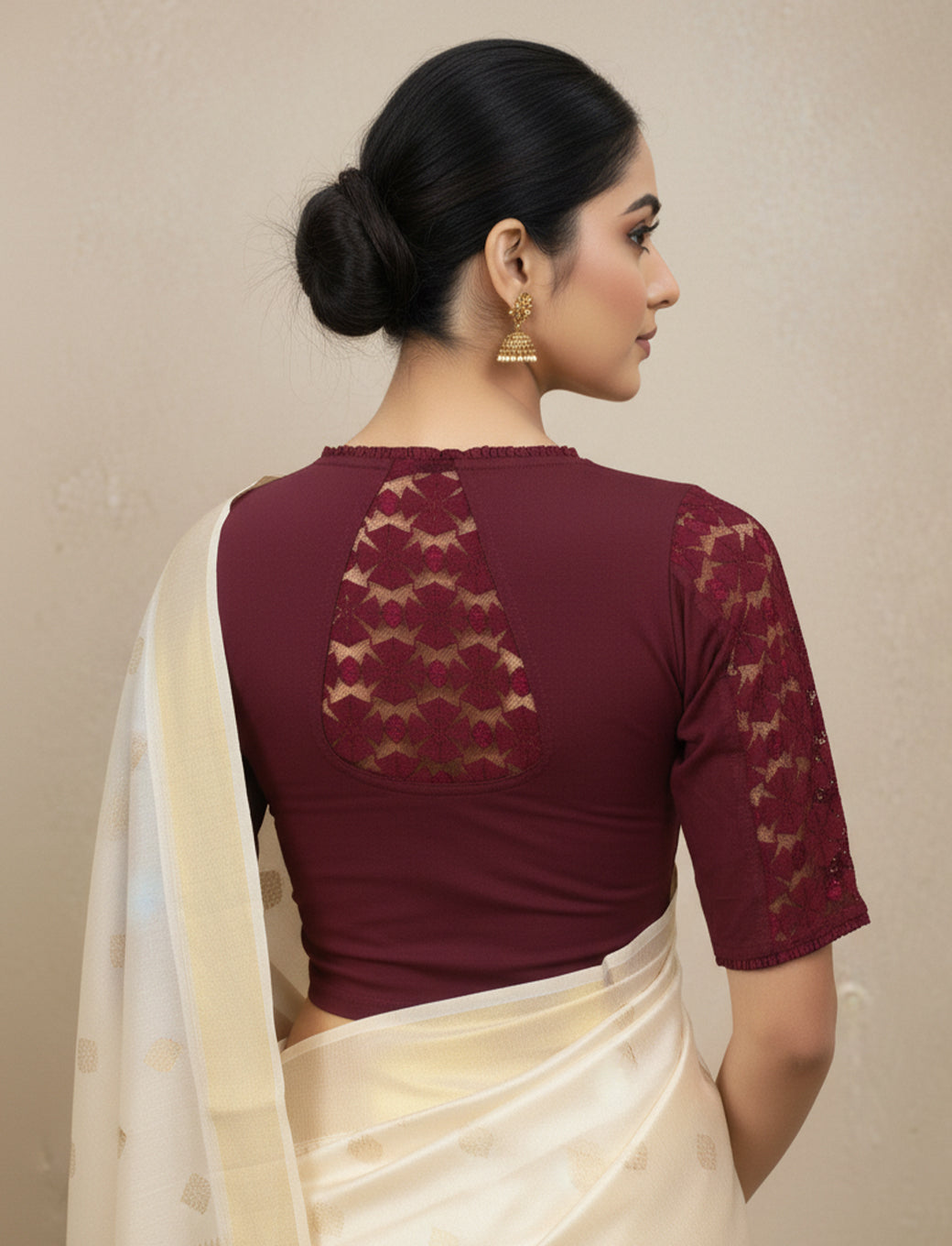 Maroon Cotton Lycra Blouse with Netted Flower Design