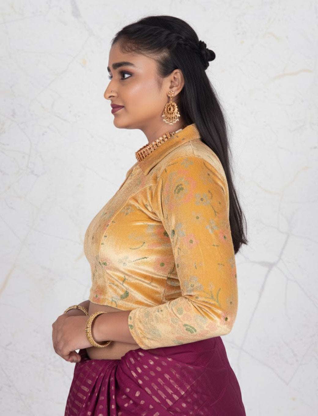 Dark Chiku Velvet Blouse with Floral Prints