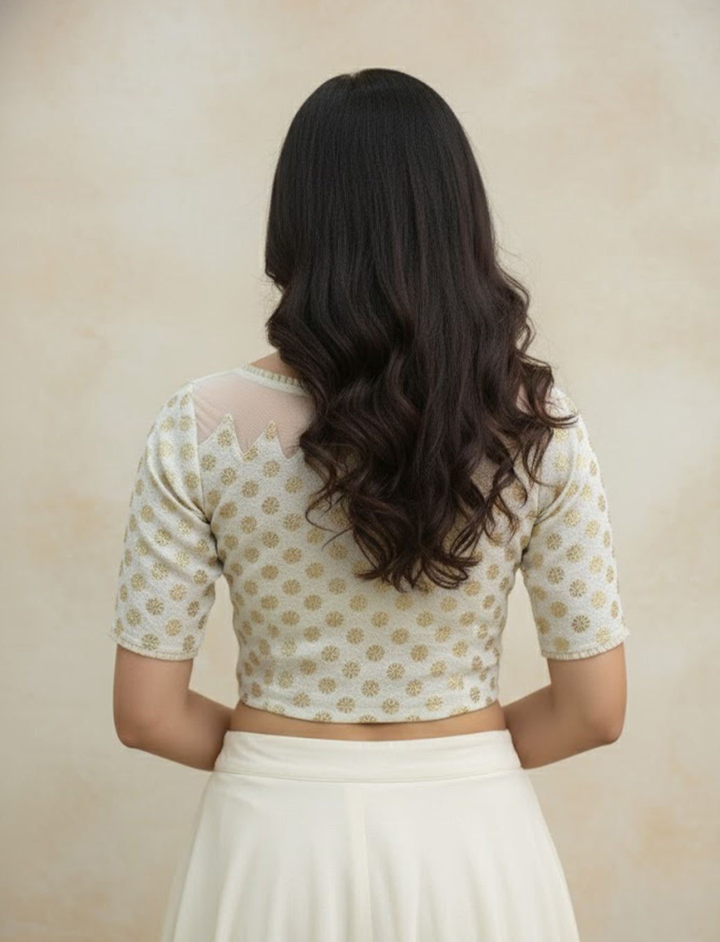 Cream Crush Blouse with Golden Flower & Net