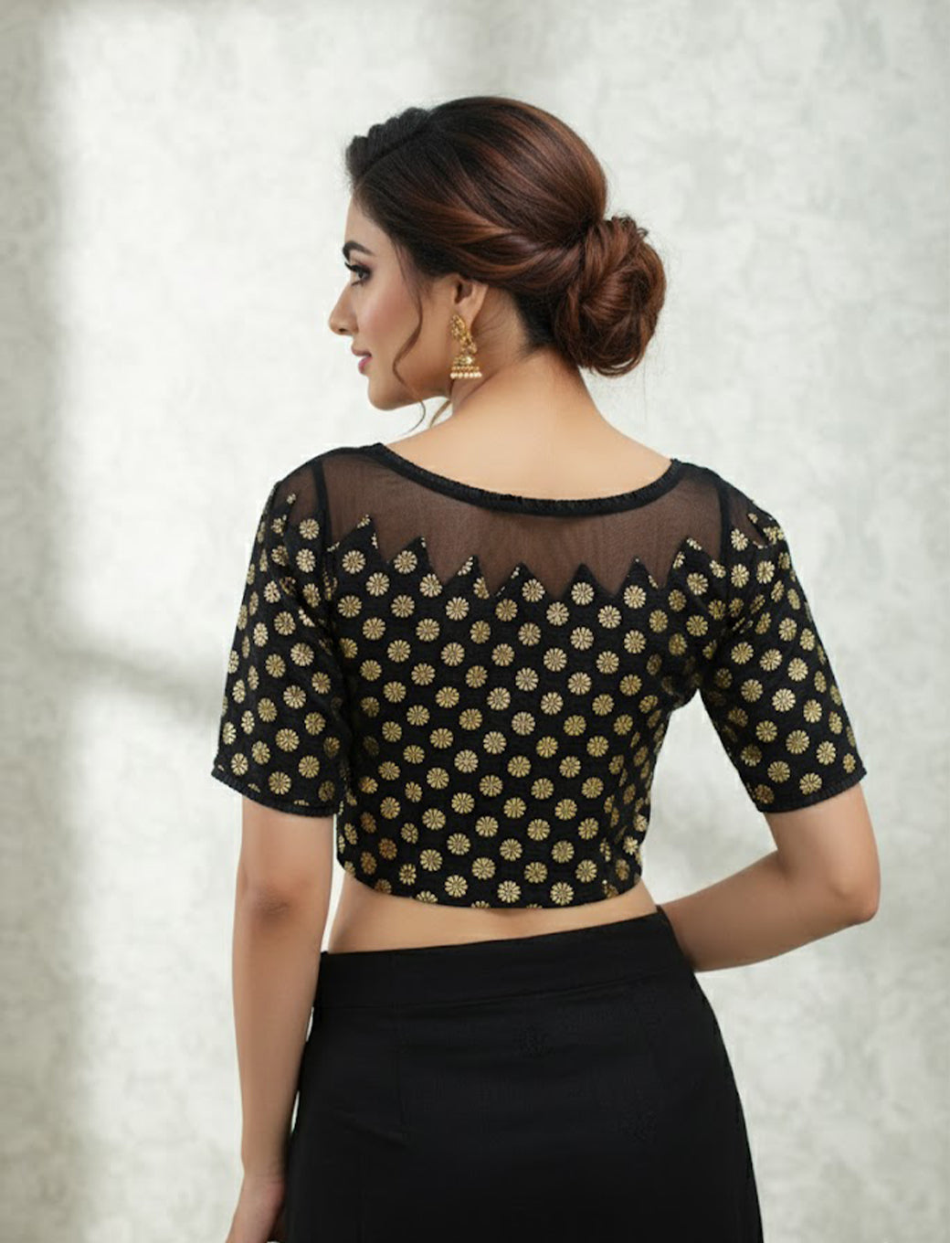 Black Crush Blouse with Golden Flower & Net