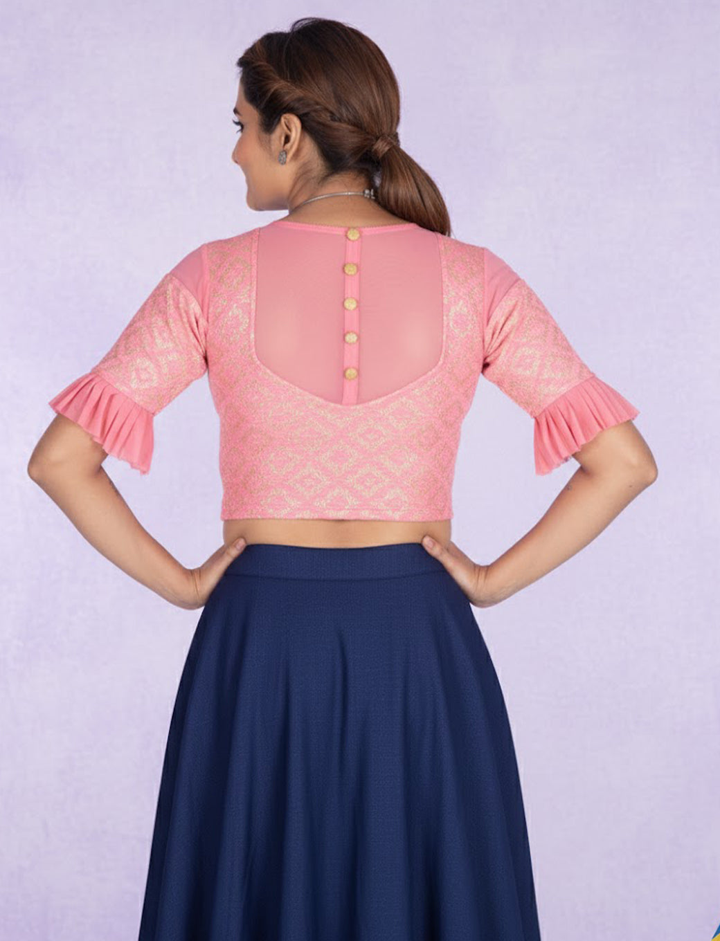 Peach Zarjet Blouse with Golden Diamond Print