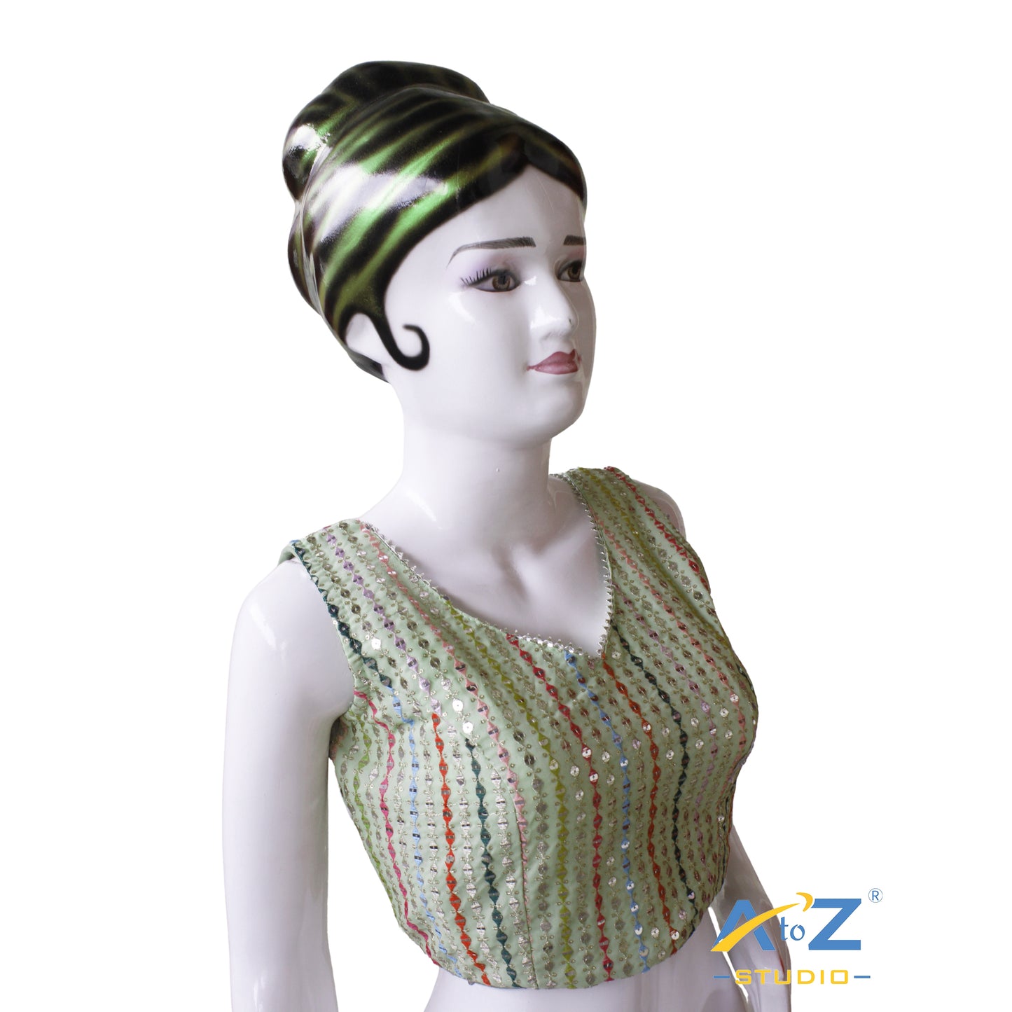 Elegant Pista Green Georgette Blouse with Multicolor Sequin Stripe Embellishments