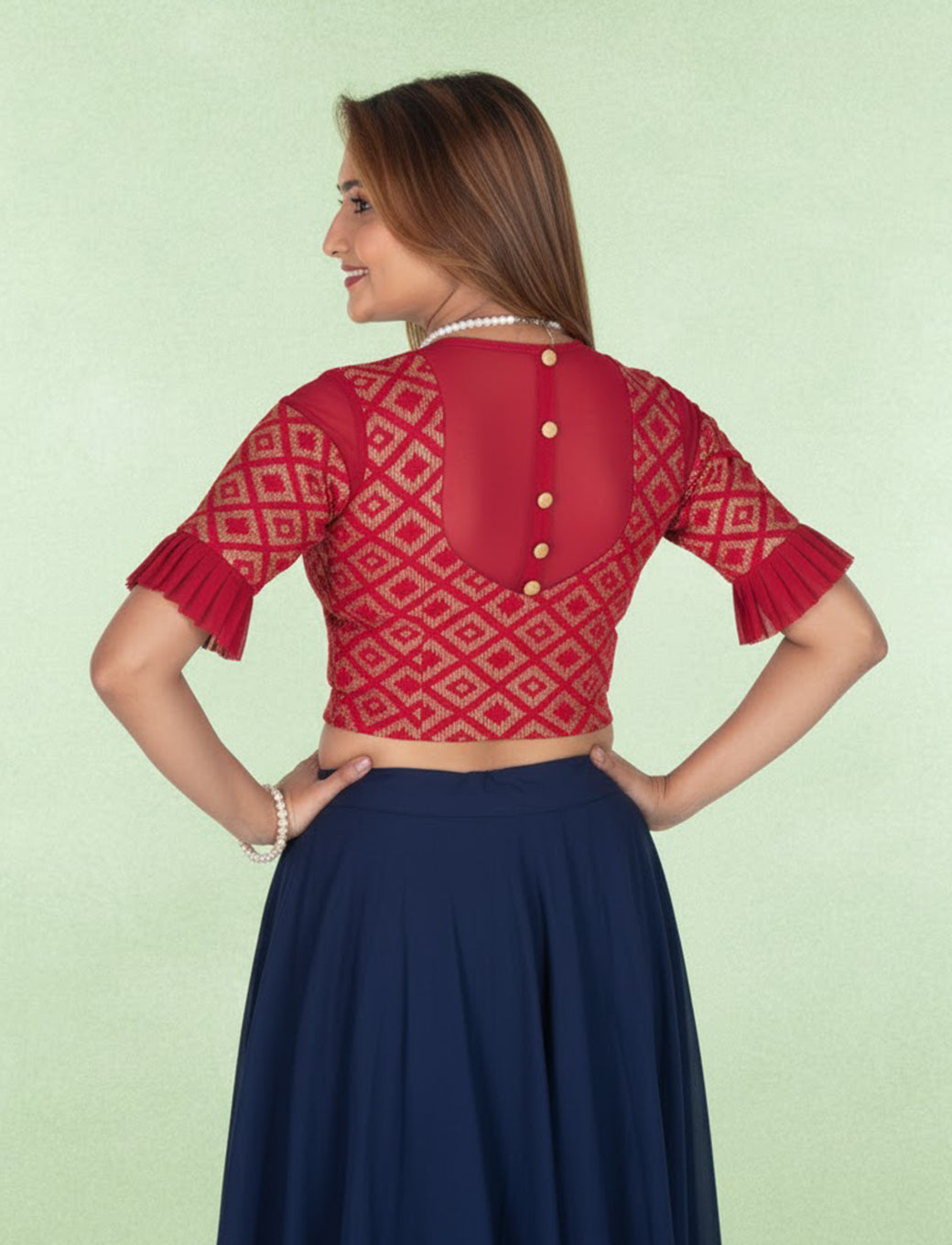 Redish Maroon Zarjet Blouse with Golden Diamond Print