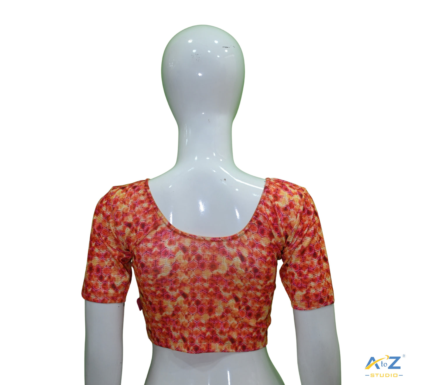Orange Nylon Lycra Hexagonal Multi Print Blouse