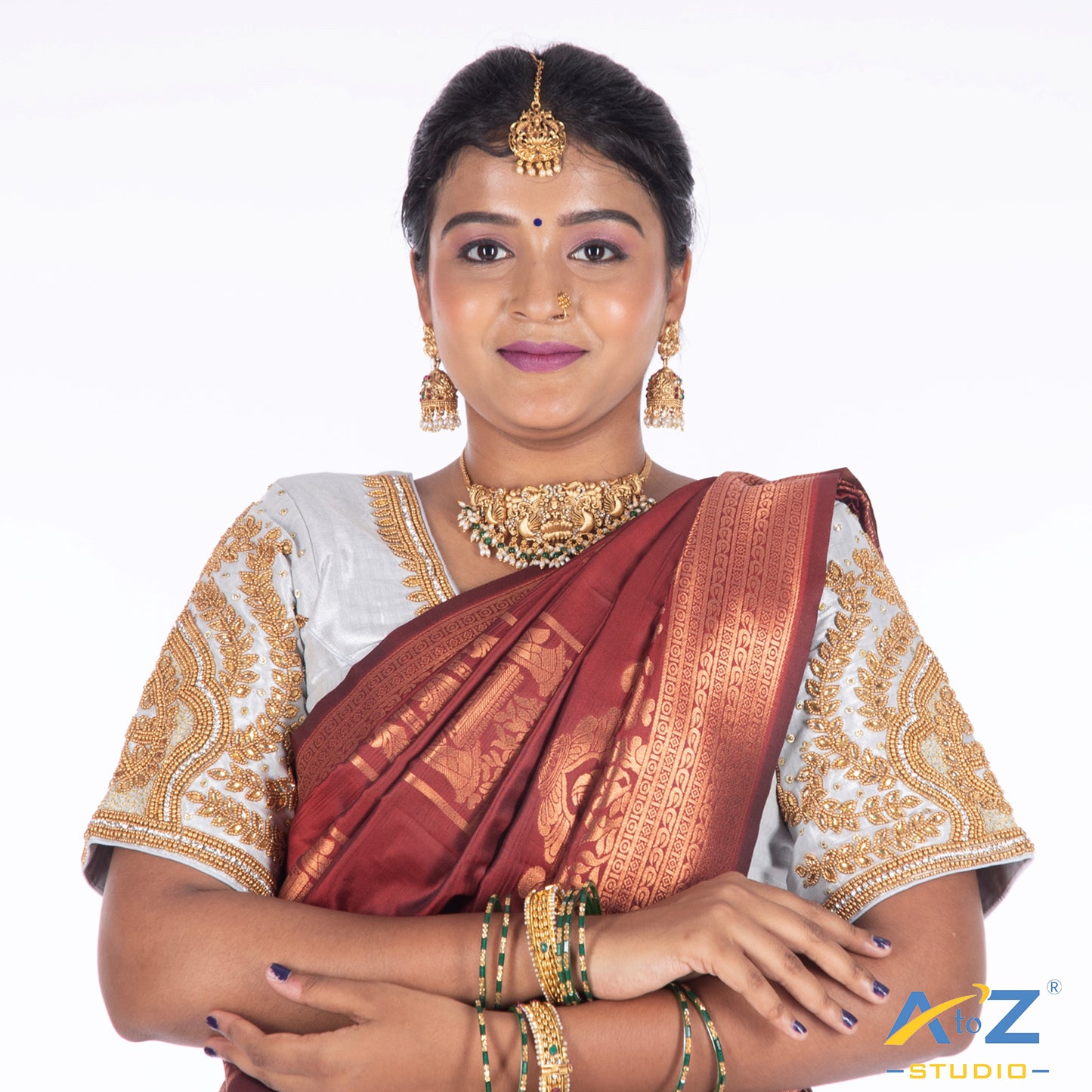 Silver Silk Cloth Blouse with Small leaf and chain work Design