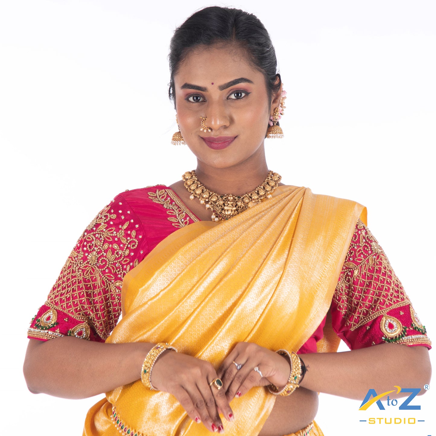 deep Pink Silk Cloth Blouse with Flower and leafs with chain and thread Design